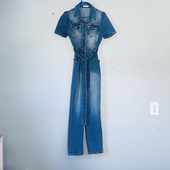 Anthropologie Avec Les Filles Jumpsuit Size 28 Blue Denim Button Up Belted - Picture 3 of 12